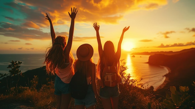Foto vista trasera de tres parejas mejores amigas viajeros levantando las manos al atardecer jóvenes hipsters relajantes viajeros disfrutando de exclusivos destinos alternativos momentos de vida de vacaciones a la cálida luz naranja