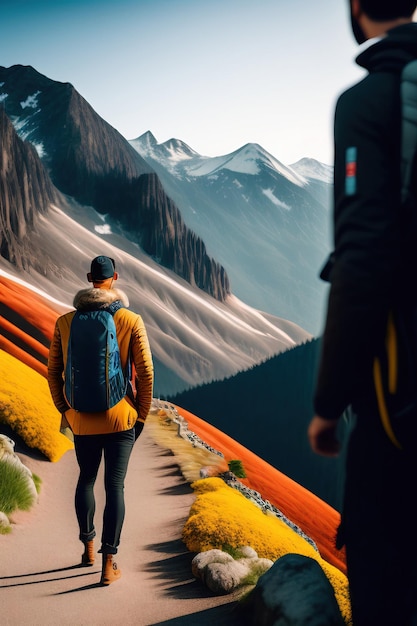 Vista trasera de un turista con una mochila mirando las montañas