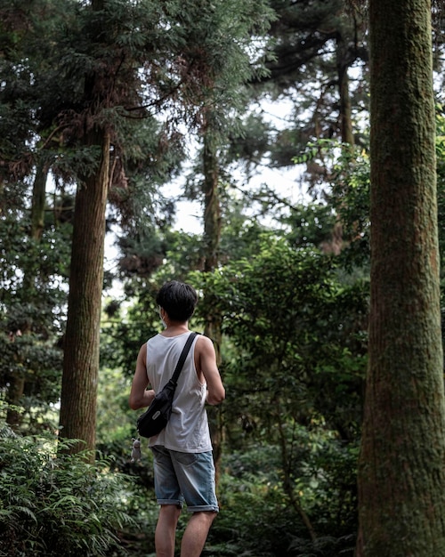 Vista trasera vertical de un hombre joven explorando un bosque