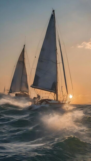 La vista a través de la pulverización de cómo los dos veleros se inclinan al atardecer el barco rueda salpicaduras brillan