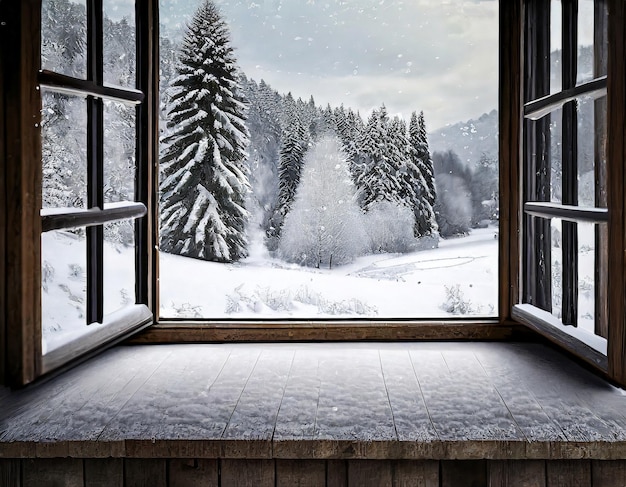 Vista a través de una ventana abierta de un jardín con nieve en invierno