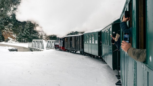 Vista del tren de vapor en movimiento Mocanita desde dentro del bosque desnudo en invierno filmando pasajeros