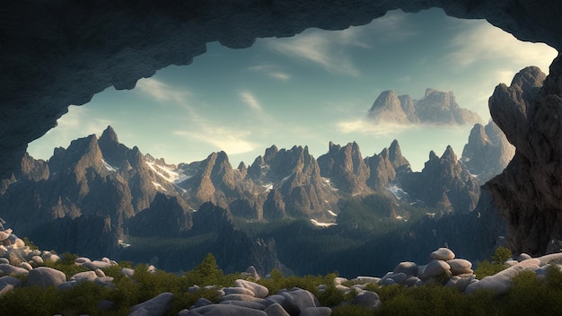 Vista del túnel natural de la cueva del agujero del cañón rocoso del río con montañas que reflejan el fondo