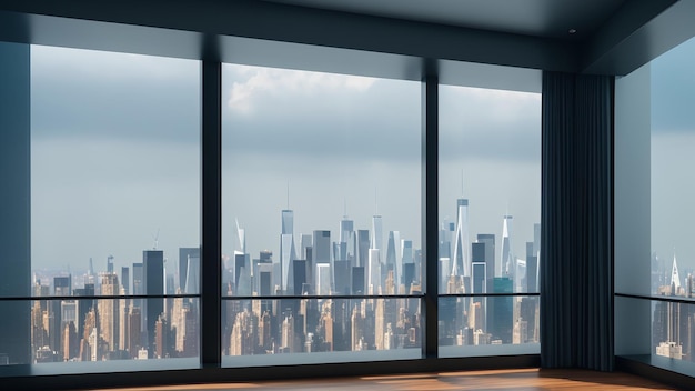 Una vista única de una ciudad desde una ventana con una vista de la ciudad AI generativo