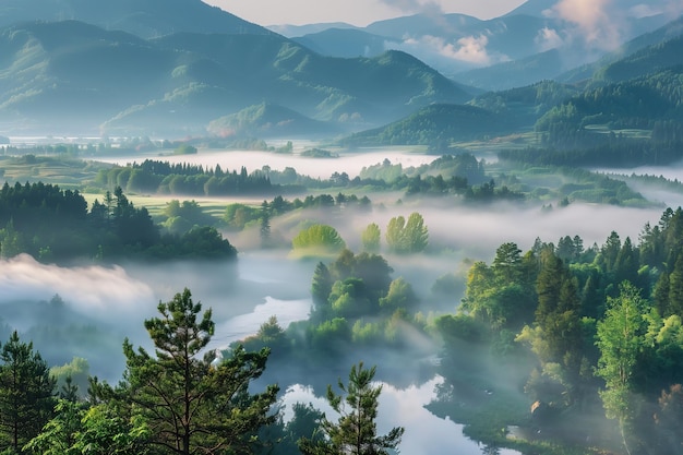 Una vista de un valle con árboles y niebla en el río del bosque de aire