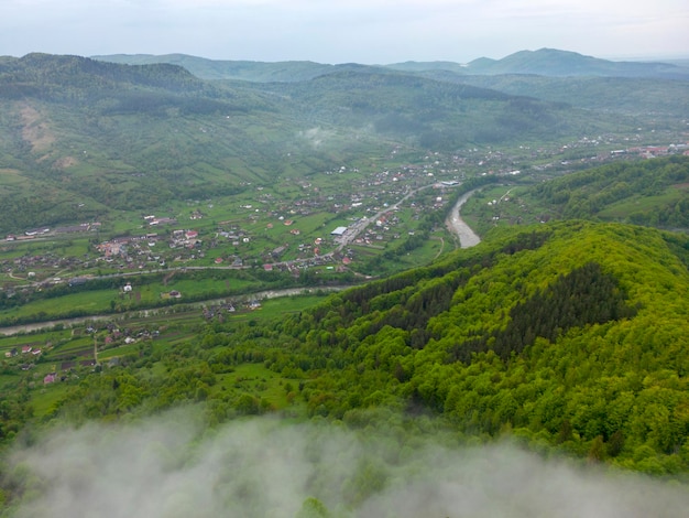 Una vista de un valle con árboles verdes y montañas al fondo