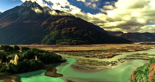 Vista del valle de la montaña con río.