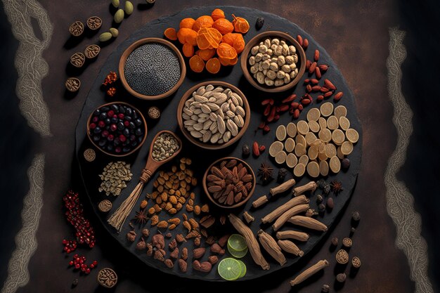 Vista de una variedad de nueces y frutos secos sobre una mesa de piedra