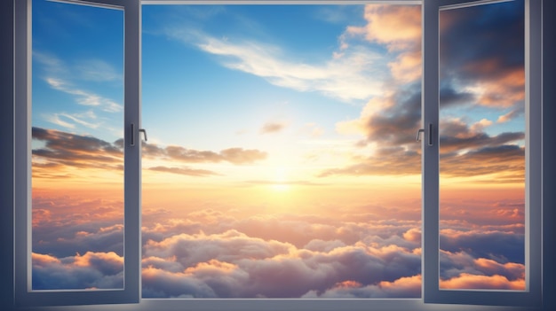 Vista de ventana abierta del cielo con nubes amanecer