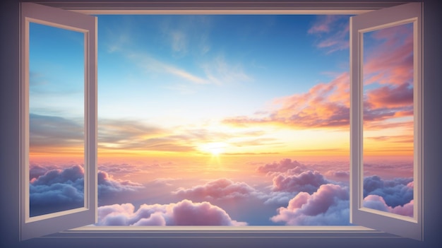 Vista de ventana abierta del cielo con nubes amanecer