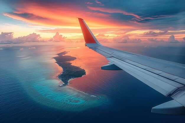 Vista desde la ventana al atardecer, el ala de un avión volando hacia islas tropicales en el océano IA generativa