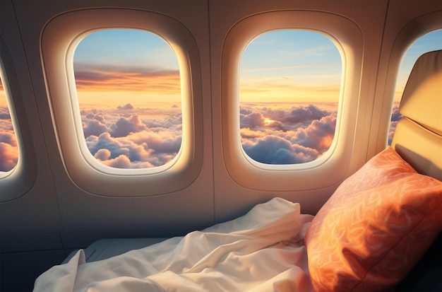 Vista de la ventana del avión de las nubes y el cielo al atardecer Concepto de viaje