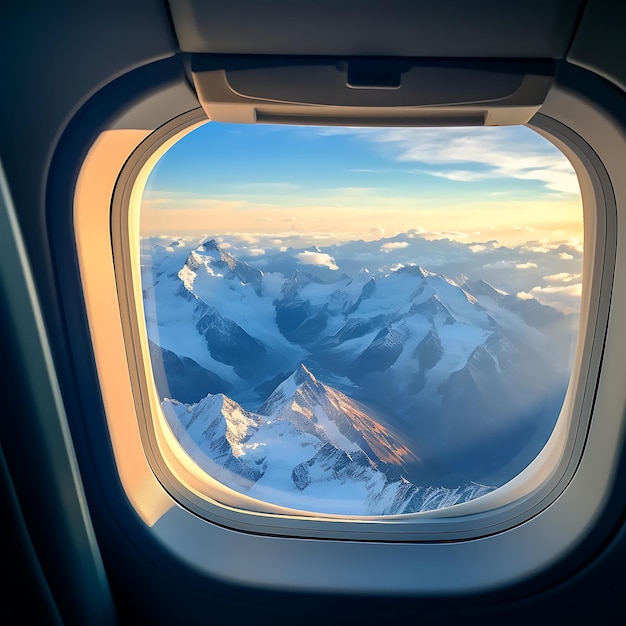 Vista desde la ventana del avión en las nubes y las montañas