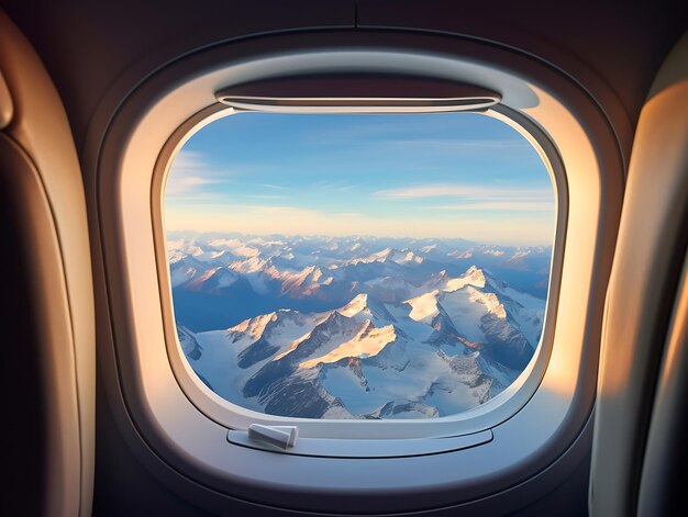 Vista desde la ventana del avión en las nubes y las montañas