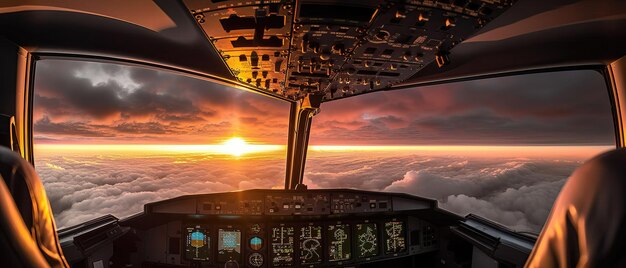 La vista desde la ventana del avión hasta la puesta de solVista aérea Toma panorámica IA generativa