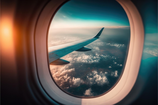 Vista desde la ventana del avión volando sobre las nubes con el sol brillando y el cielo amarillento reflejando