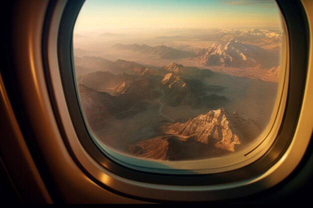 Una vista desde la ventana de un avión Volando sobre la vista del suelo sobre un abismo volando Hermosa vista escénica de la puesta de sol a través de la ventana del avión Ruta de guardado de imágenes para el avión de ventana IA generativa