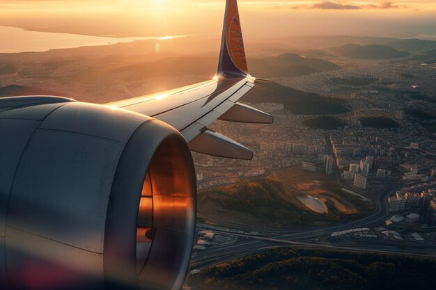 Una vista desde la ventana de un avión Volando sobre la vista del suelo sobre un abismo volando Hermosa vista escénica de la puesta de sol a través de la ventana del avión Ruta de guardado de imágenes para el avión de ventana IA generativa