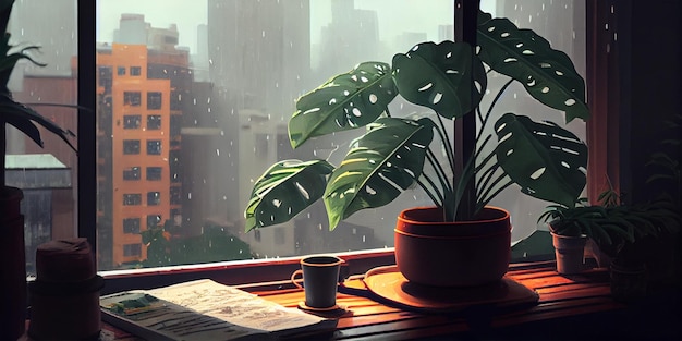 Vista desde una ventana a una ciudad lluviosa Vista de la ciudad lluviosa Una ilustración de un escritorio lleno de plantas con una vista de una ciudad lluviosa fuera de la ventana IA generativa