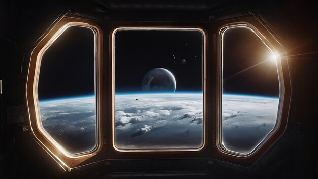 Vista por la ventana del espacio y los planetas desde una estación espacial