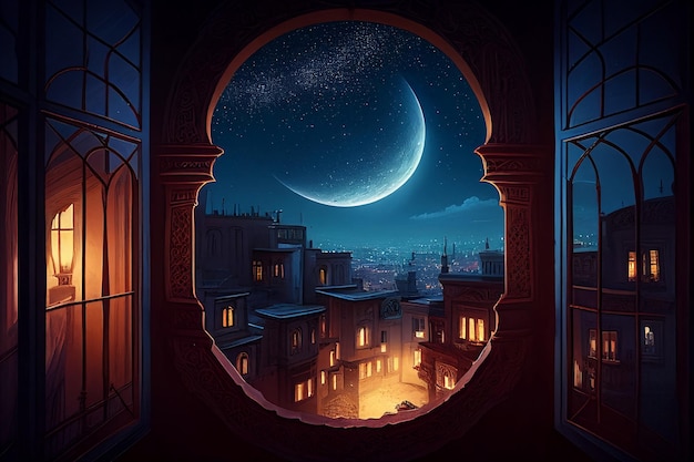 Una vista desde una ventana con una luna creciente en el fondo.