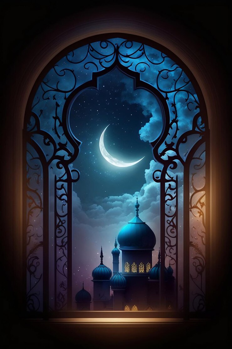 Vista desde la ventana de la mezquita musulmana y la luna creciente en la noche Ai generativo