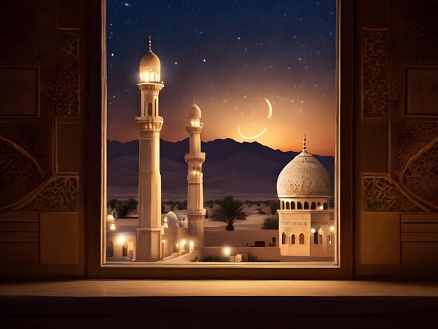 Foto vista desde la ventana de la mezquita musulmana en la noche de ramadán kareem