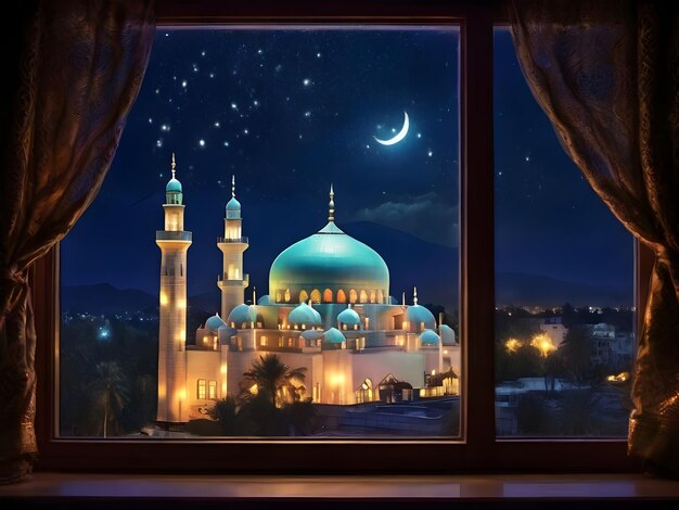 Vista desde la ventana de la mezquita musulmana en la noche de Ramadán Kareem