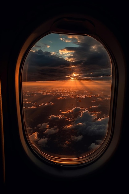 Una vista de la ventana de la puesta de sol desde un avión.