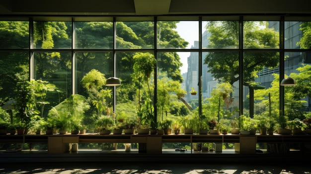 Vista de la ventana verde desde el fondo del jardín de árboles Edificio ecológico