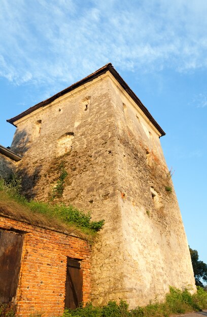 Vista de verano de la torre del castillo de Svirzh en la última noche rayos de sol amarillos (Óblast de Lviv, Ucrania. Construido en el siglo XV-XVII).