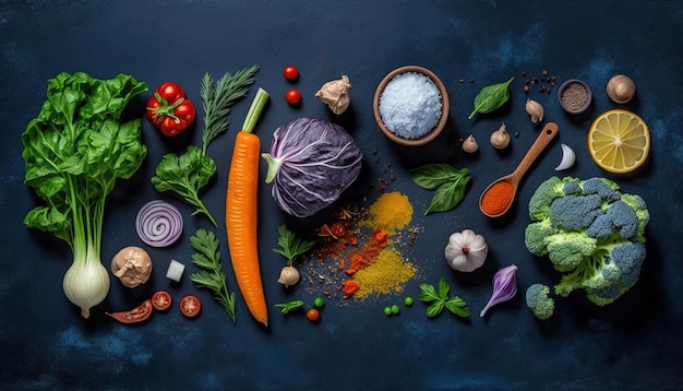 Vista de verduras frescas salpicadas con varias hierbas y verduras sobre una mesa azul oscuro