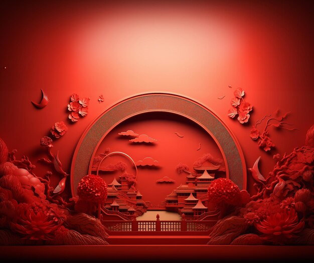 Vista vermelha 3D com edifício chinês na árvore circular e flores em fundo vermelho GenerativeAI estilo chinês cidade vermelha