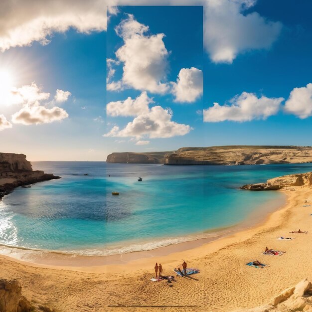 Vista vertical da vista deslumbrante da praia de Golden Bay, em Mellieha, Malta, capturada num dia ensolarado