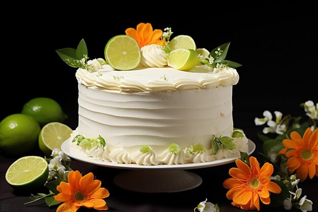 Foto vista vertical de um bolo de sonho com creme branco e gotejamento de laranja com uma floresta e renas no topo