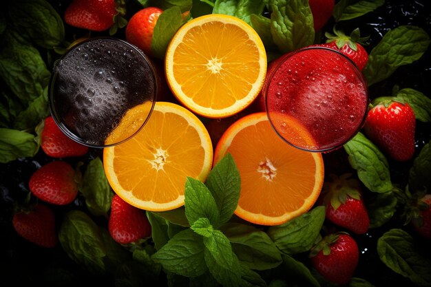 Foto vista vertical de deliciosos jugos frescos y frutas en una bandeja de madera sobre un fondo marrón