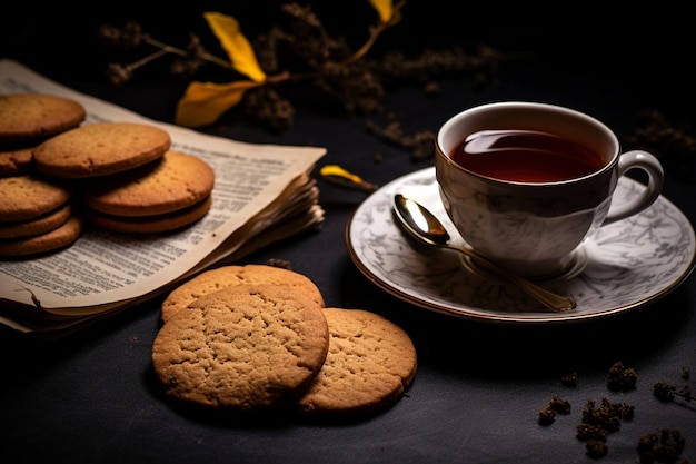 Vista vertical de las galletas deliciosas y una taza de té negro con canela en un periódico viejo en la oscuridad