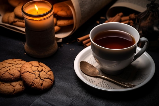 Vista vertical de galletas deliciosas y una taza de té negro con canela en un periódico viejo