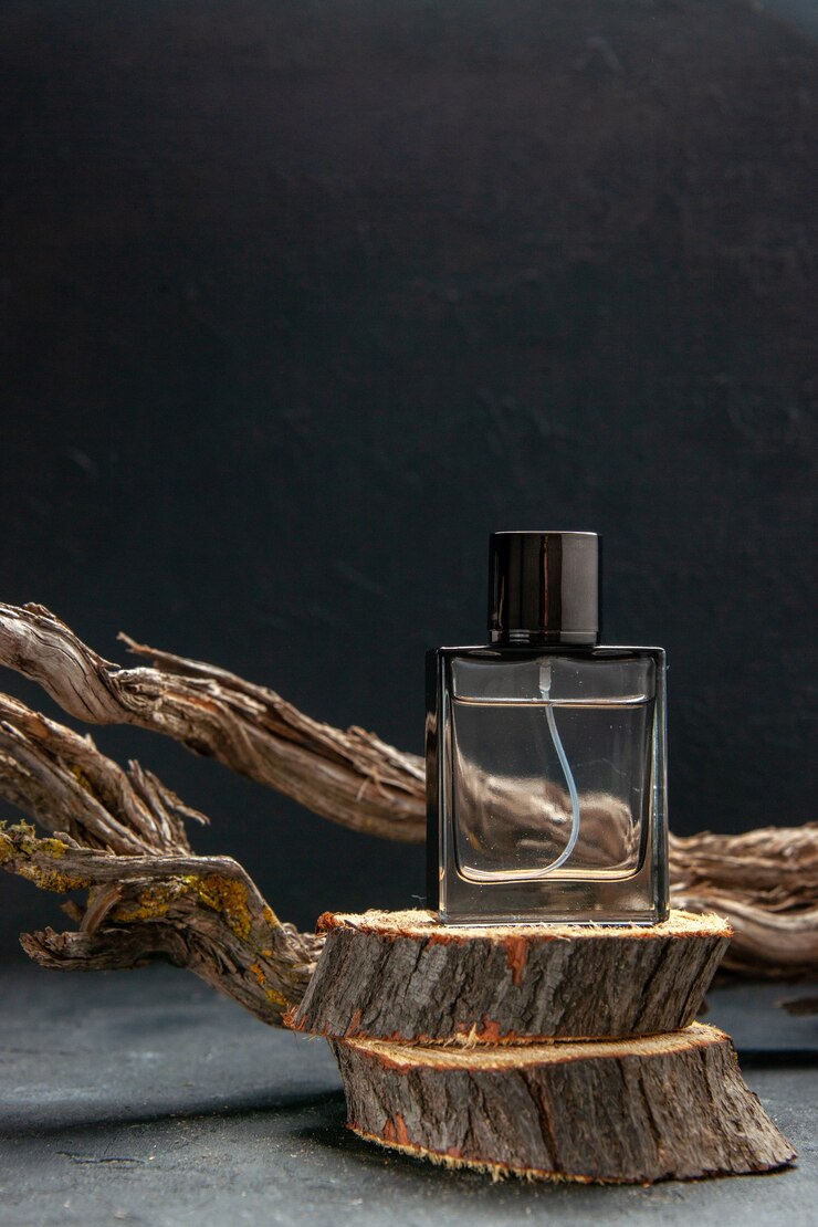Vista vertical de parfum sobre dos tablas de cortar de madera apiladas una encima de la otra sobre fondo de color oscuro con espacio libre