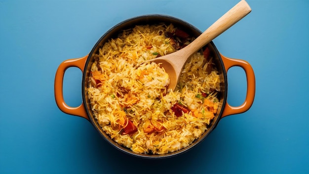 Vista vertical de una sabrosa harina de arroz en una pequeña olla marrón y una cuchara de madera sobre un fondo azul