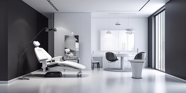 Vista vertical de una sala de dentista con asiento negro Práctica dental moderna Sillón dental IA generativa