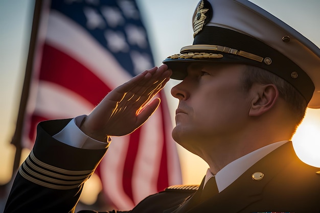 Vista de un veterano saludando la bandera de los Estados Unidos Red neuronal generada por IA