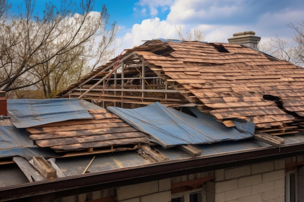 Una vista del viejo techo desgastado de una casa que está siendo reemplazada por una nueva y moderna