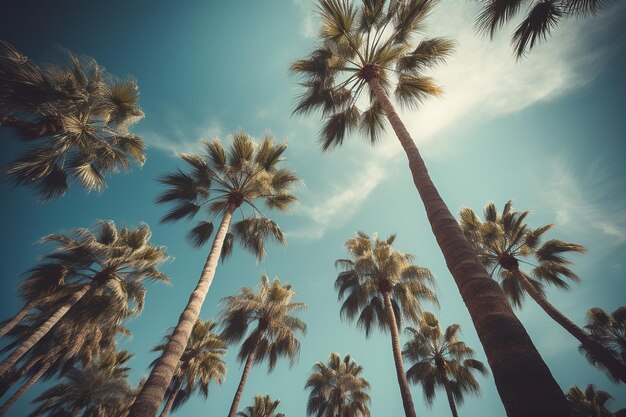 Vista vintage del cielo azul y palmeras desde abajo creando un ambiente de verano tropical IA generativa