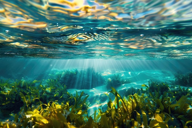 Foto vistas abstractas de fondo marino en la superficie de agua ondulada bajo el fondo de algas marinas