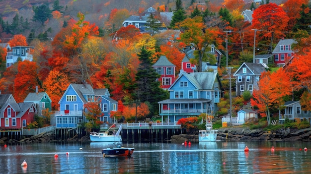 Foto vistas cativantes da arquitetura costeira de bar harbor, maine, em fundo de outono acadia national