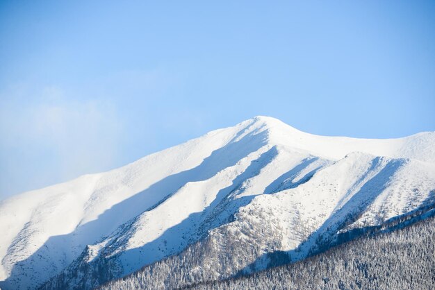 Vistas desde la ciudad Liptovsky Mikulas a West Tatras en invierno con árboles nevados y cielo nublado.