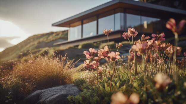 Vistas costeiras Uma casa de Whistlerian cercada por grama em flor e rocha