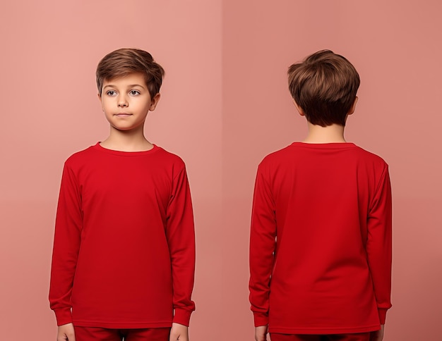 Foto vistas delanteras y traseras de un niño pequeño con una camiseta de manga larga roja