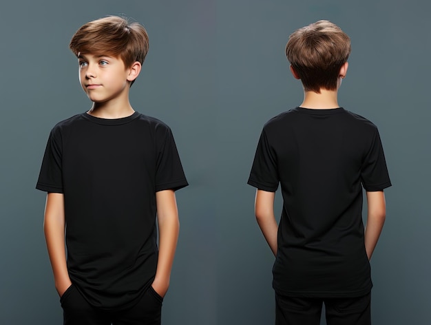 Vistas delanteras y traseras de un niño pequeño con una camiseta negra